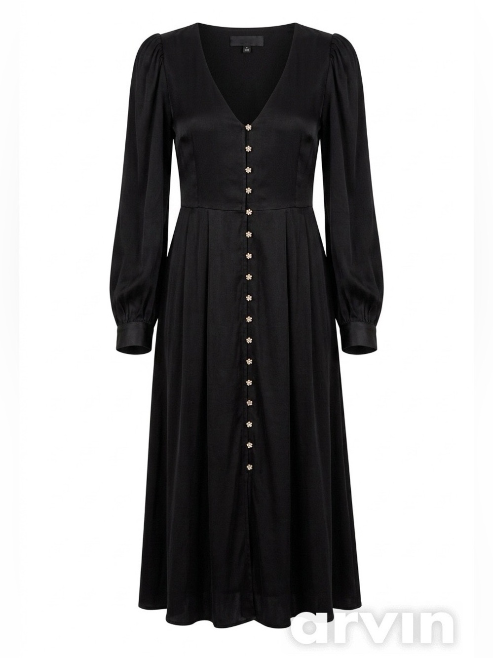 En Saison Black Satin V-Neck Crystal Button Maxi Dress - Size S
